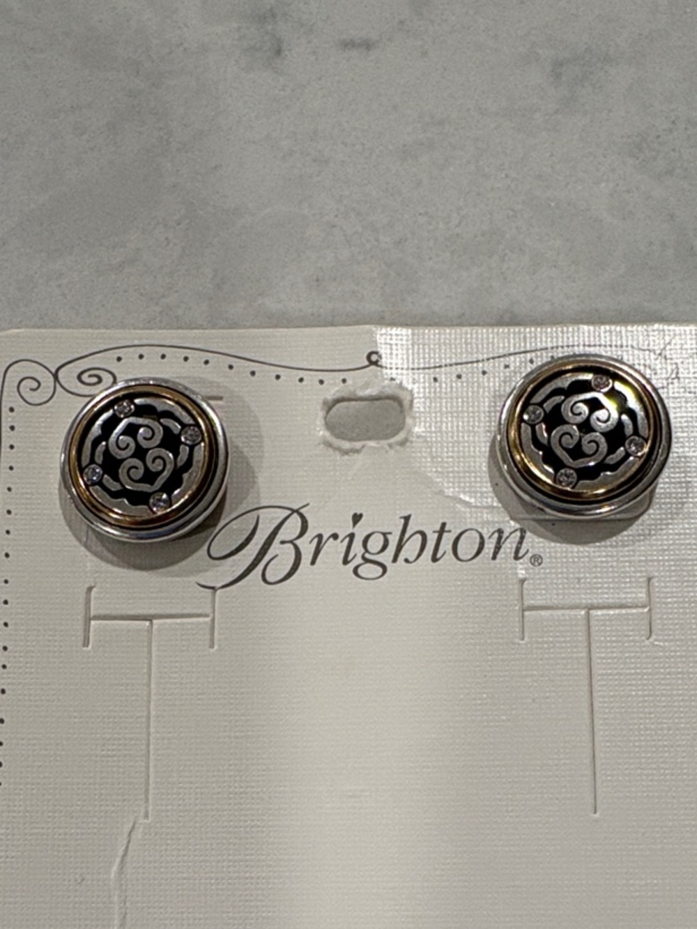 Brighton Black and Gold Round Scroll Stud Earrings